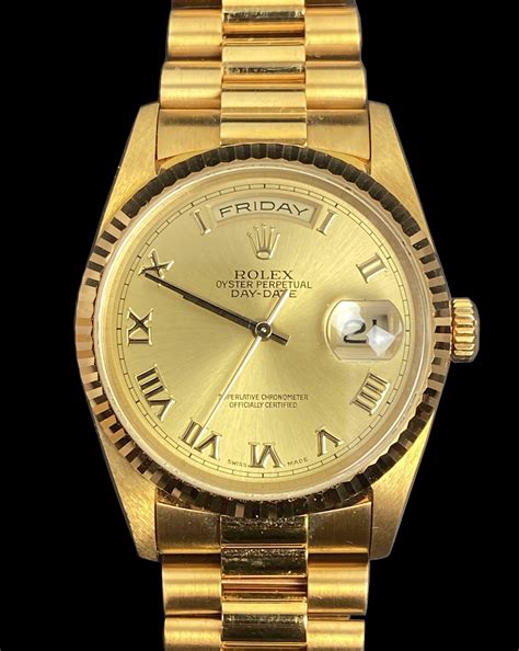 pre-owned rolex oyster perpetual day date 18kt yellow gold|Rolex watch day date price.